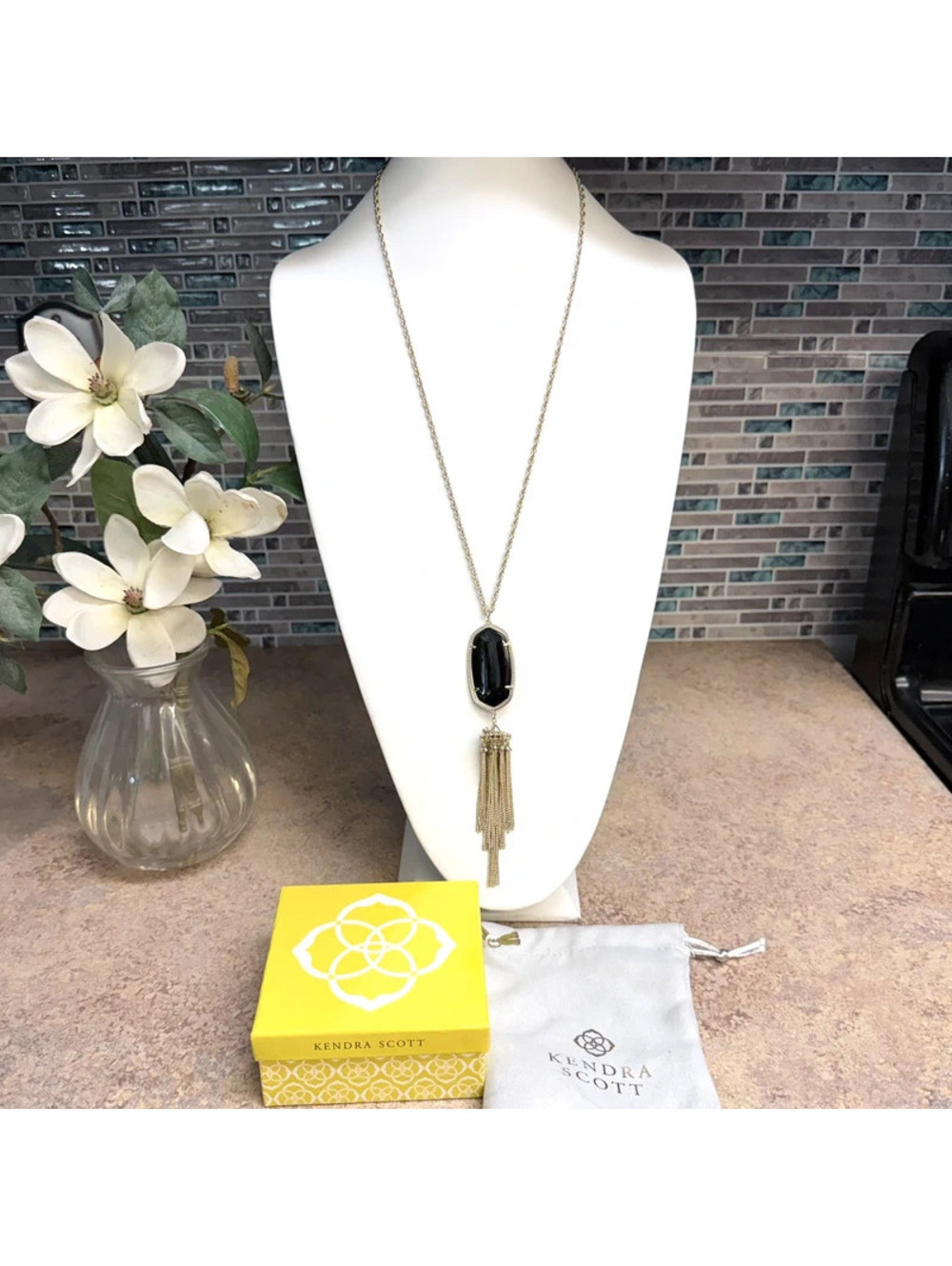 Kendra Scott Rayne Necklace Black Opaque Glass Gold Tone Long Tassel Pendant Box